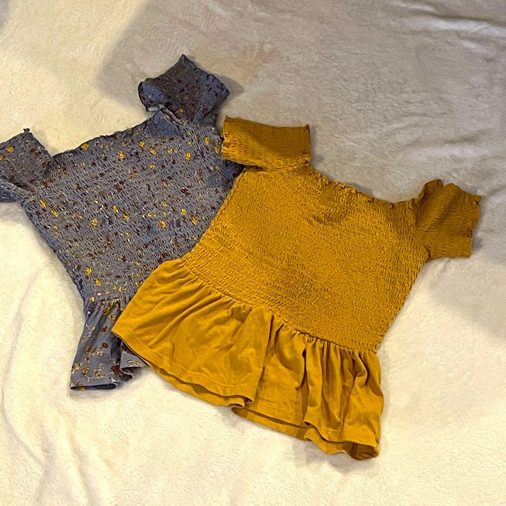 Yellow and blue off the shoulder shirt